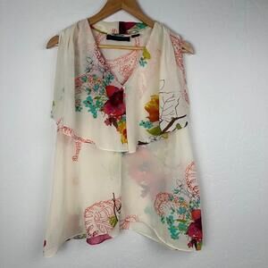Hayley Matthews Womens Blouse Sheer Size L Floral Button Tank top
